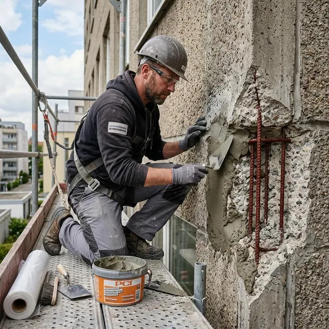 Betonsanierung an einer Gebäudekante mit Reparaturmörtel