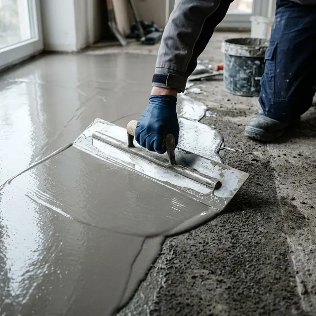 Glättkelle zieht Bodenspachtelmasse glatt