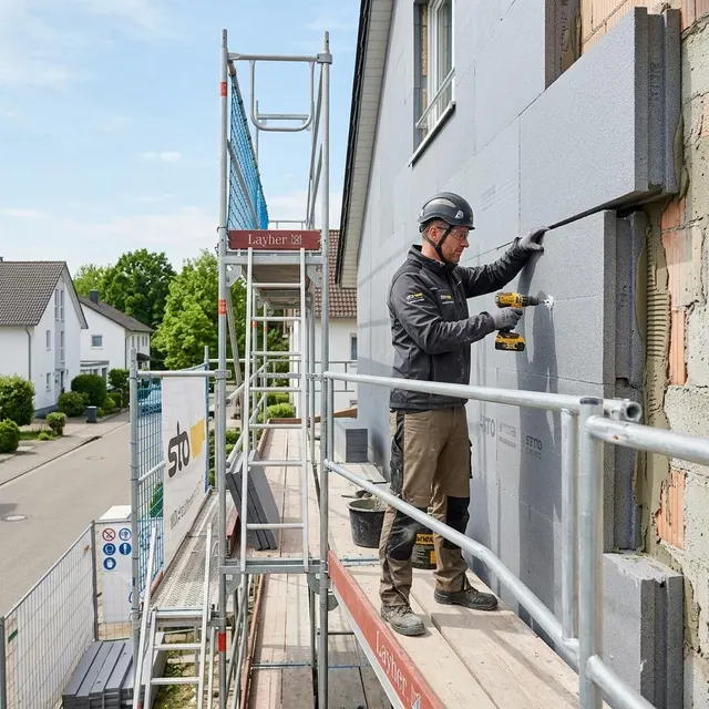 Handwerker befestigt Dämmplatten an einer Hausfassade